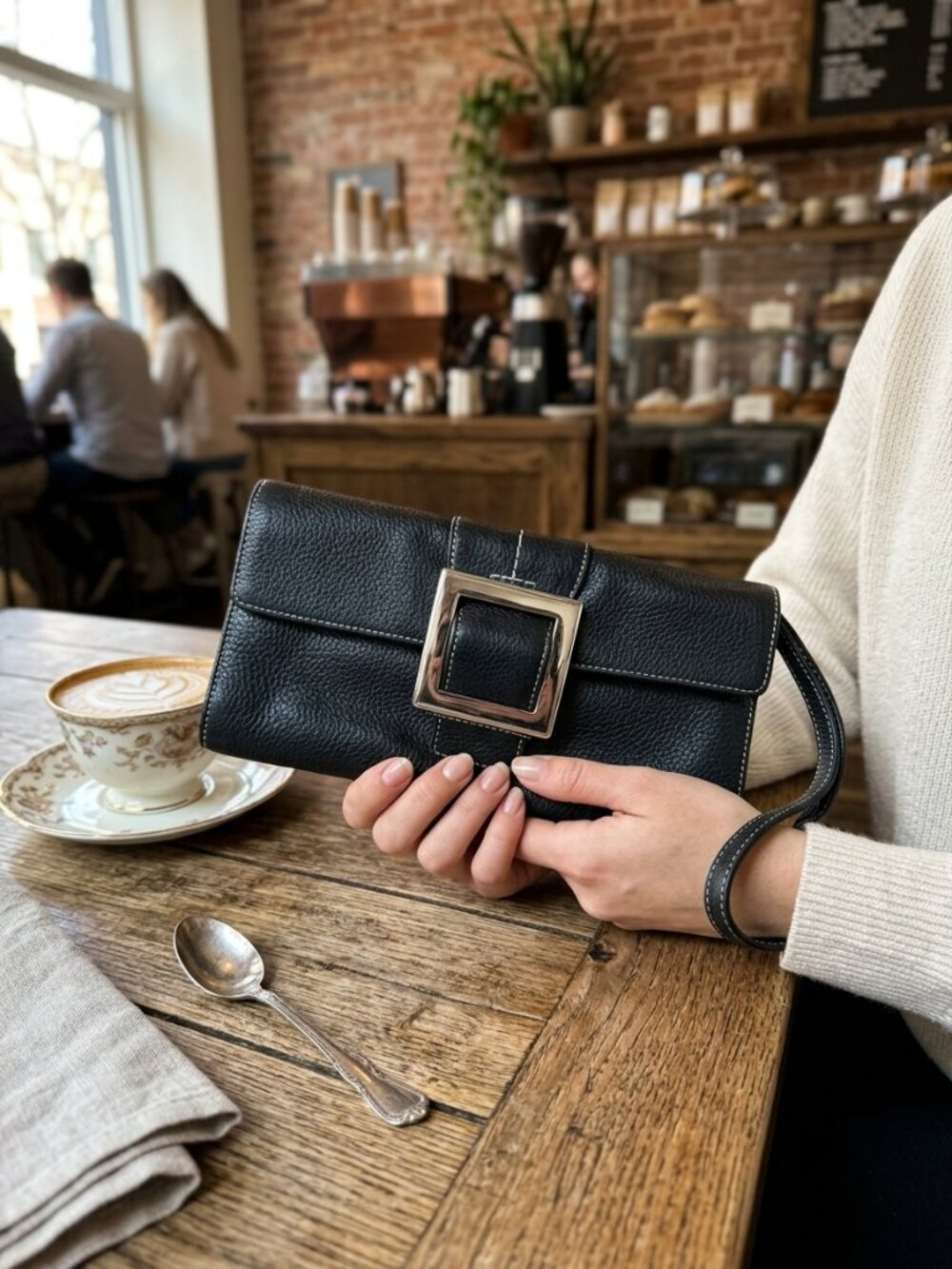 Adrienne Vittadini Black Pebbled Leather Wristlet Clutch w/ Silver Buckle